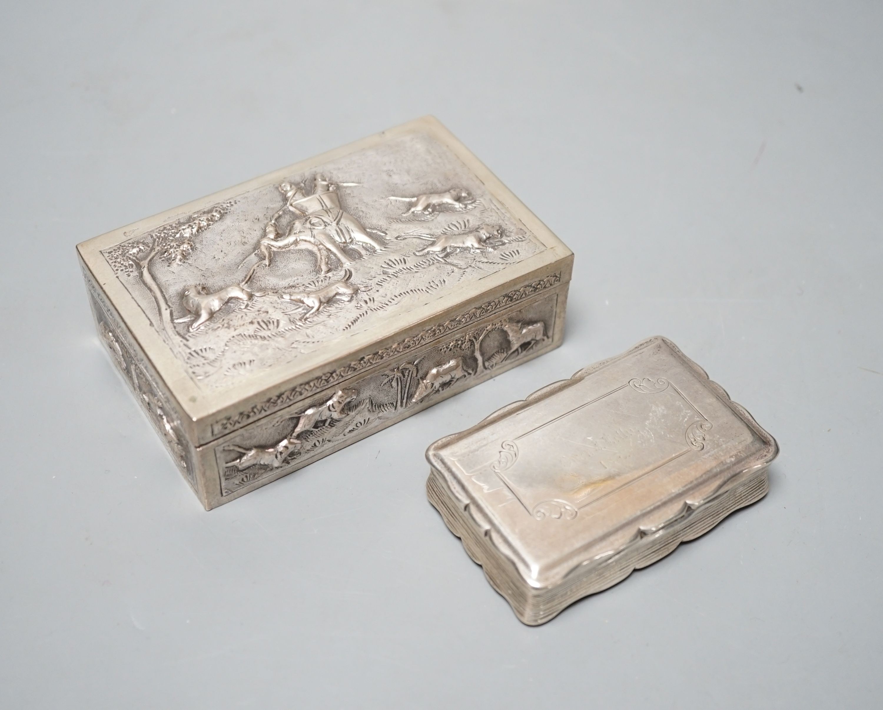 A Victorian silver snuff box, Nathaniel Mills, Birmingham, 1852, 81mm, together with a Indian white metal box.